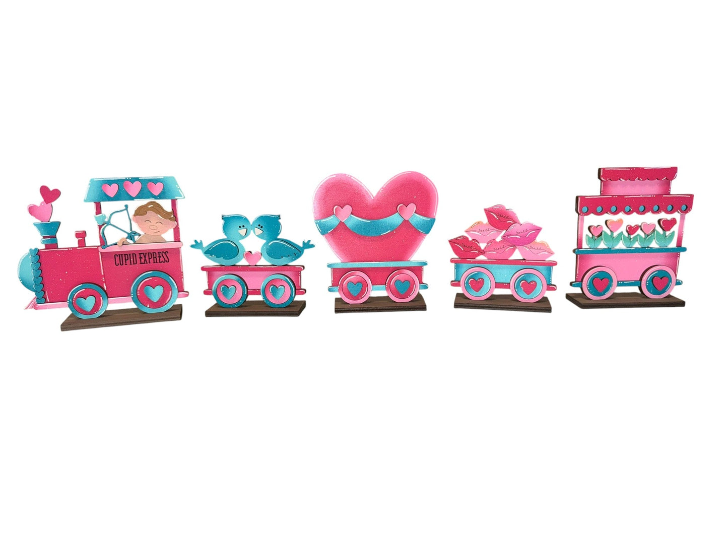 Valentine Wooden Train Decor Set, Pink Heart Farmhouse Valentine’s Day Tabletop Decor, Handmade Love Train Valentine’s Day Decor