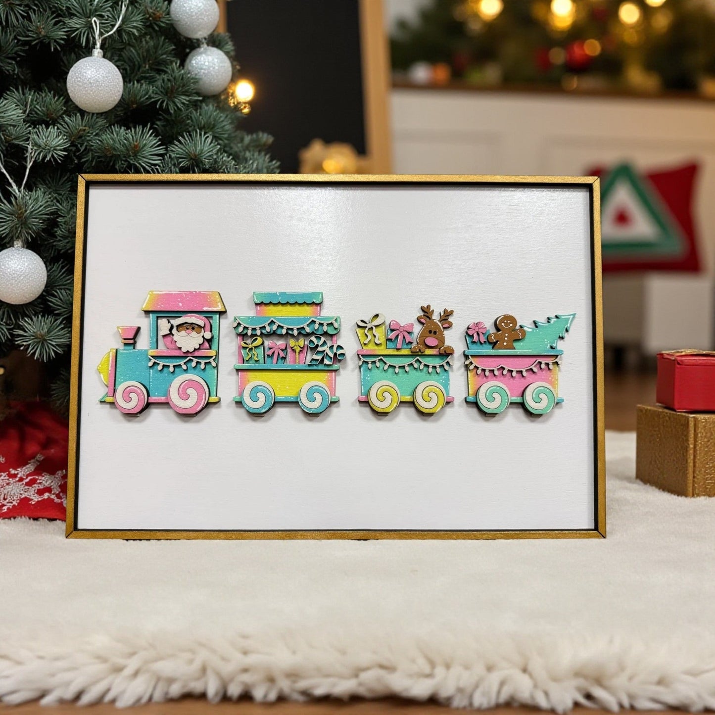 Vibrant Holiday Train Wall Art Featuring Santa & Friends Christmas Wall Décor