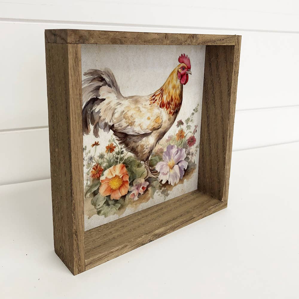 Vintage Chicken Flower Canvas Art Print for Home Decor, Farmhouse Wall Art, Rustic Kitchen Decoration, Gift for Chicken Lovers