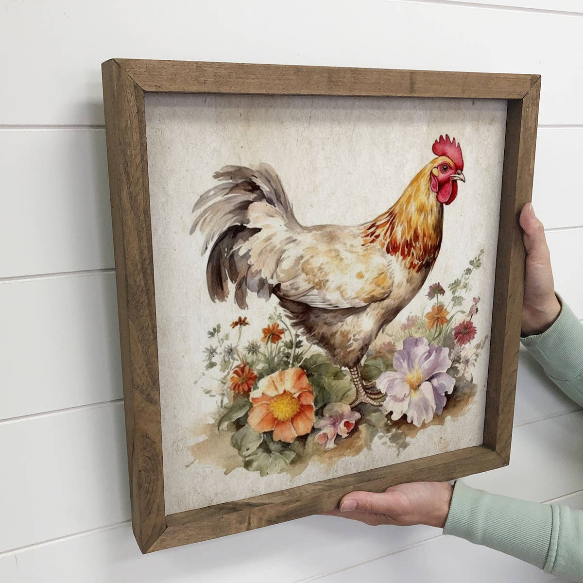 Vintage Chicken Flower Canvas Art Print for Home Decor, Farmhouse Wall Art, Rustic Kitchen Decoration, Gift for Chicken Lovers