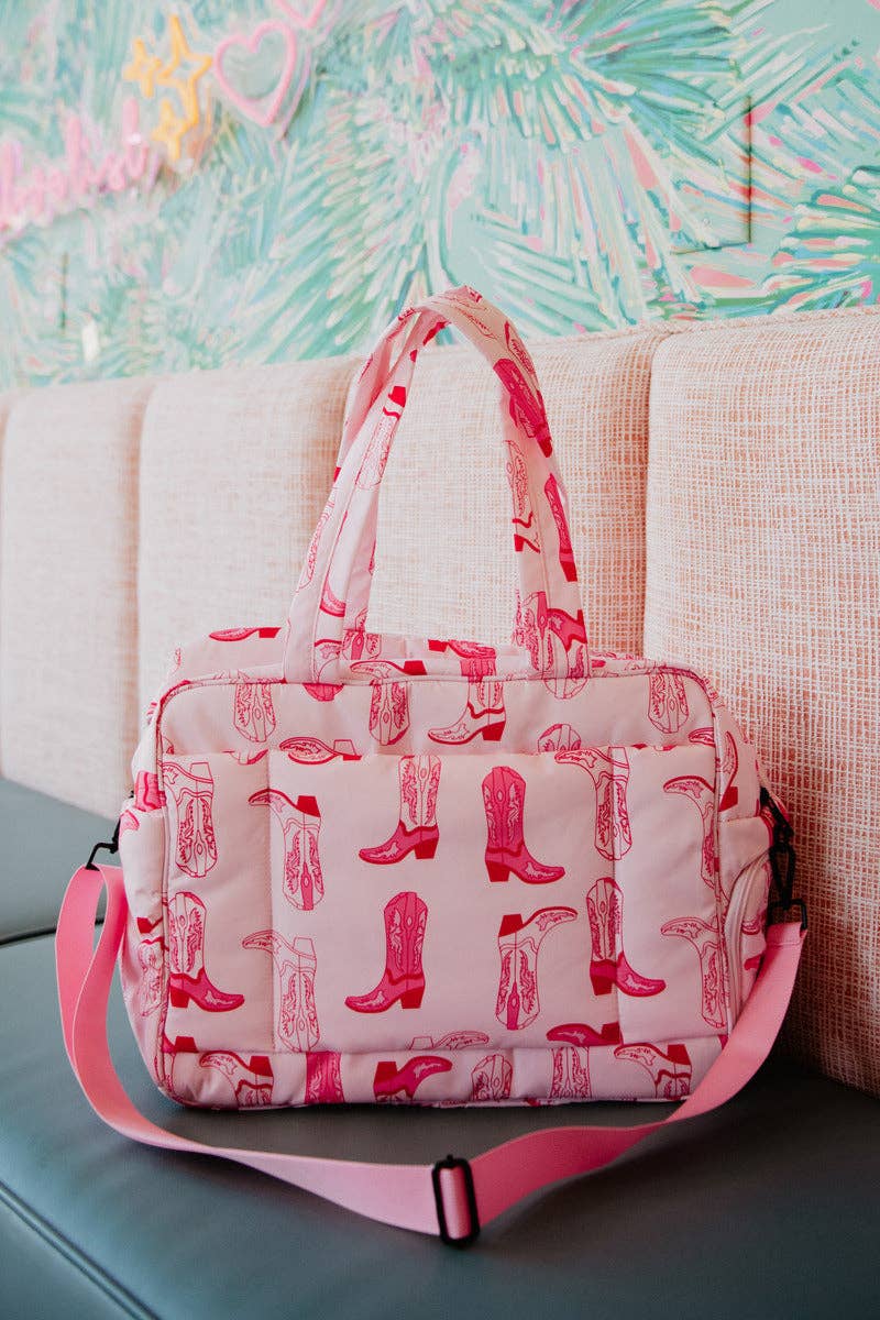 Western Boots Light Pink Weekender Bag, Trendy Travel Tote for Weekend Trips, Sweet Gift for Travelers - Nifty Decor & More