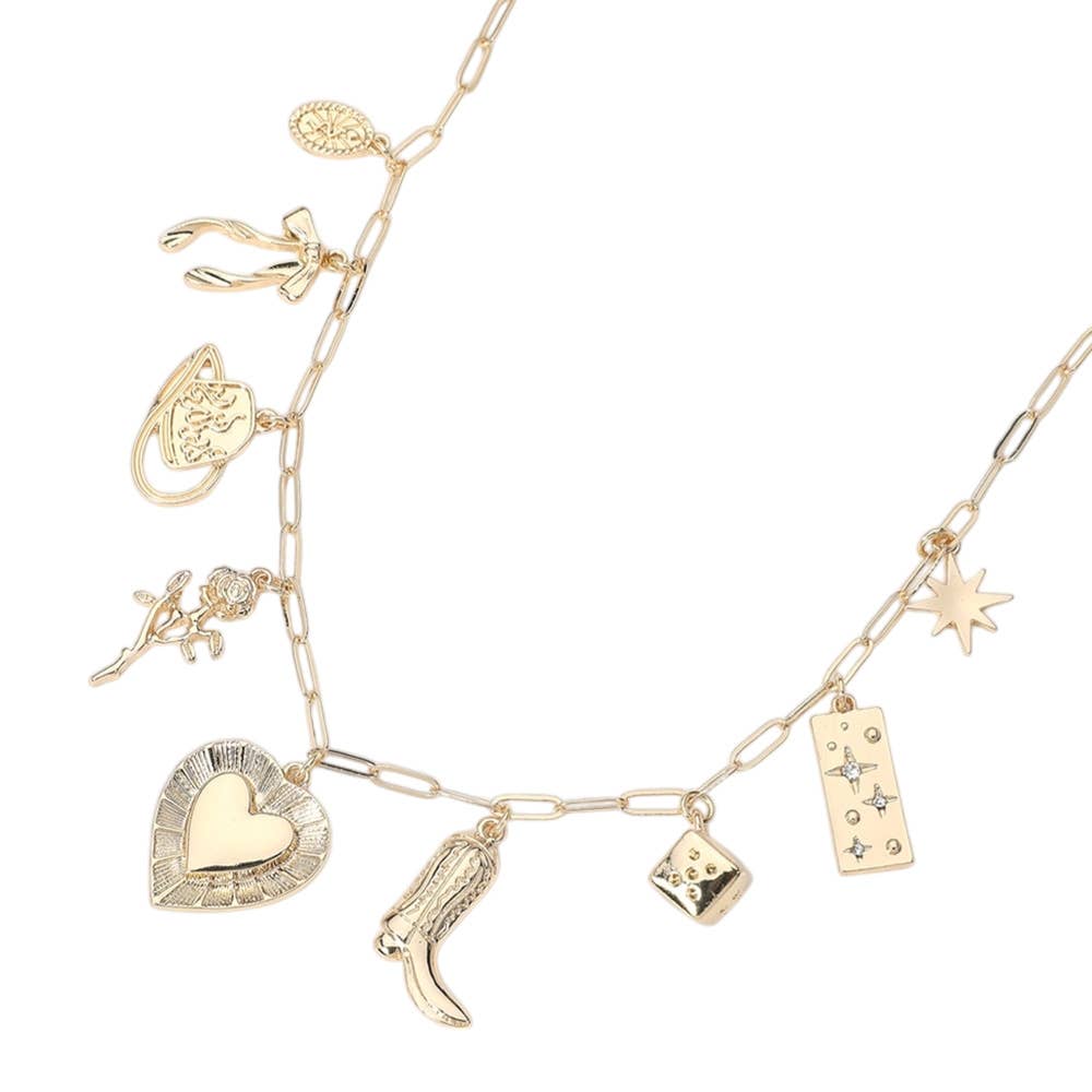 Western Charm Necklace with Bow, Cowboy Hat, Multi Charm, Girly Jewelry, Gift Idea for Her, Western Style - Nifty Decor & More