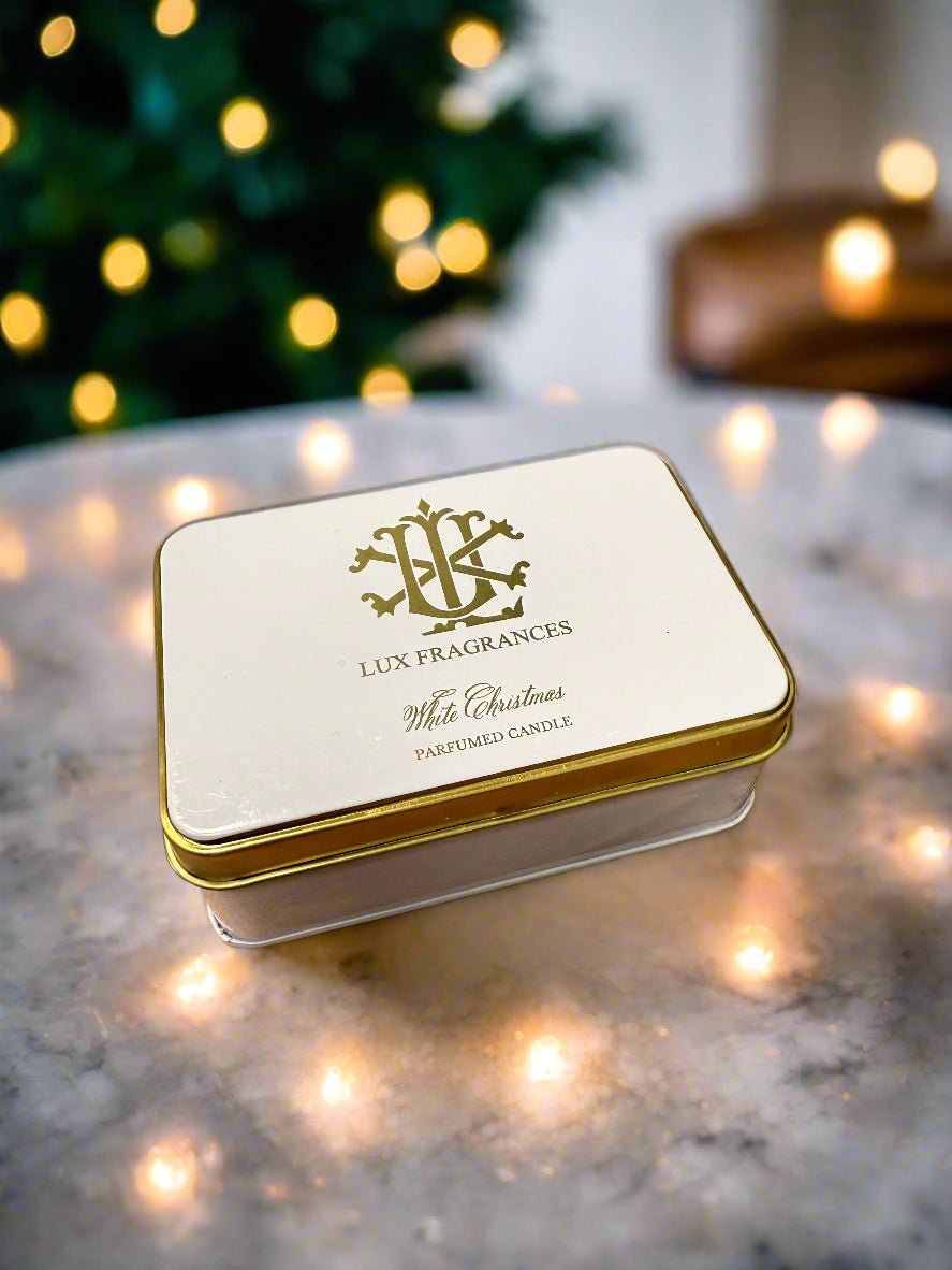 White Christmas 5.5 oz Rectangle Tin Candle LUX Candle Holder