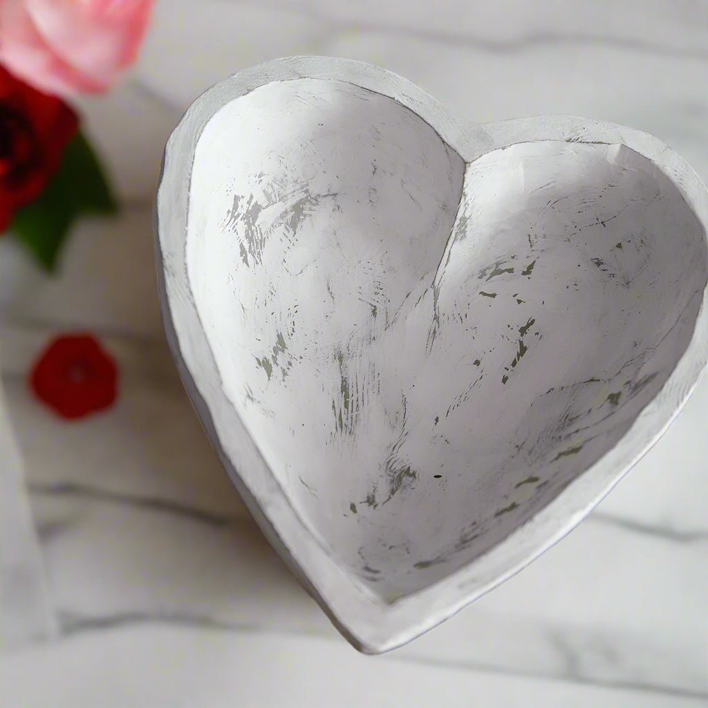 Whitewashed Heart Treen - Rustic Wooden Decor, Farmhouse Style Heart Bowl, Home Accent, Natural Wood Centerpiece & Gift Idea Decor
