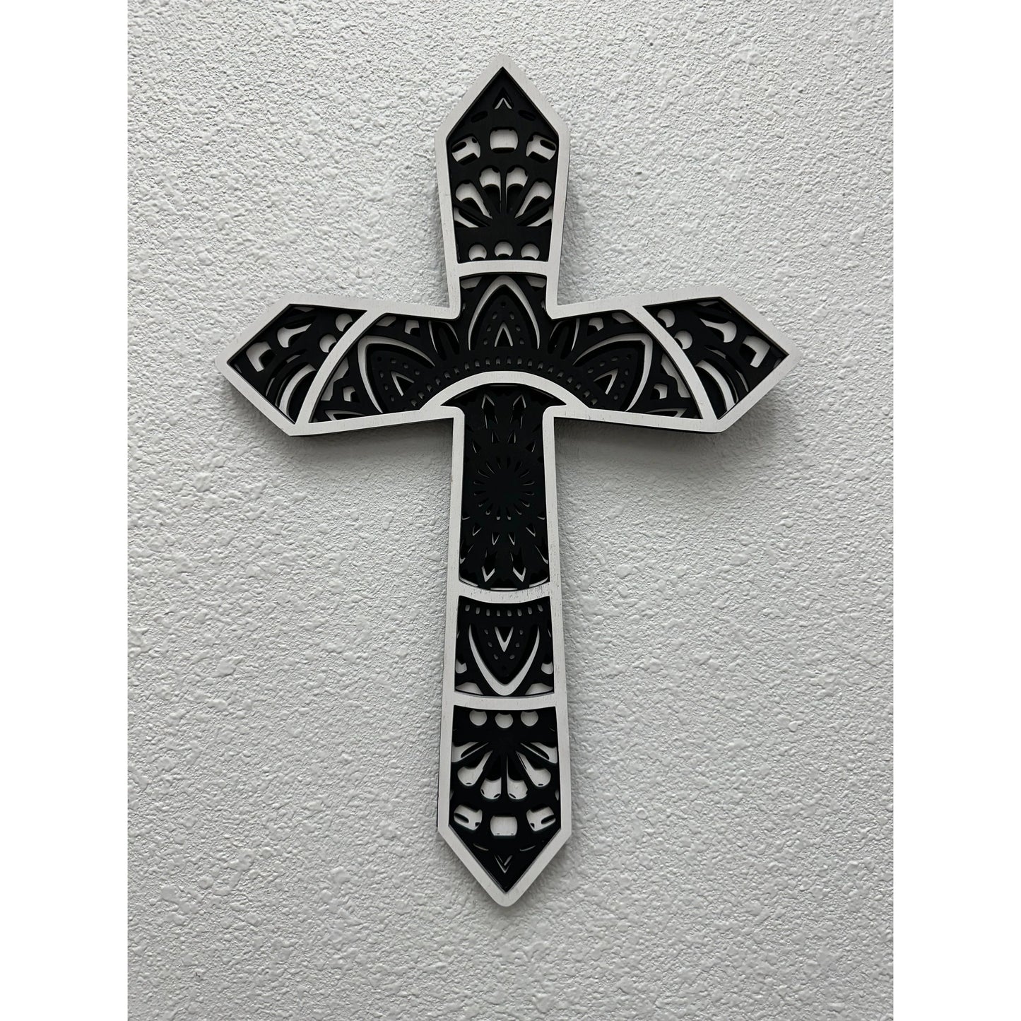 Layered Wood Cross Wall Decor Small White/Black