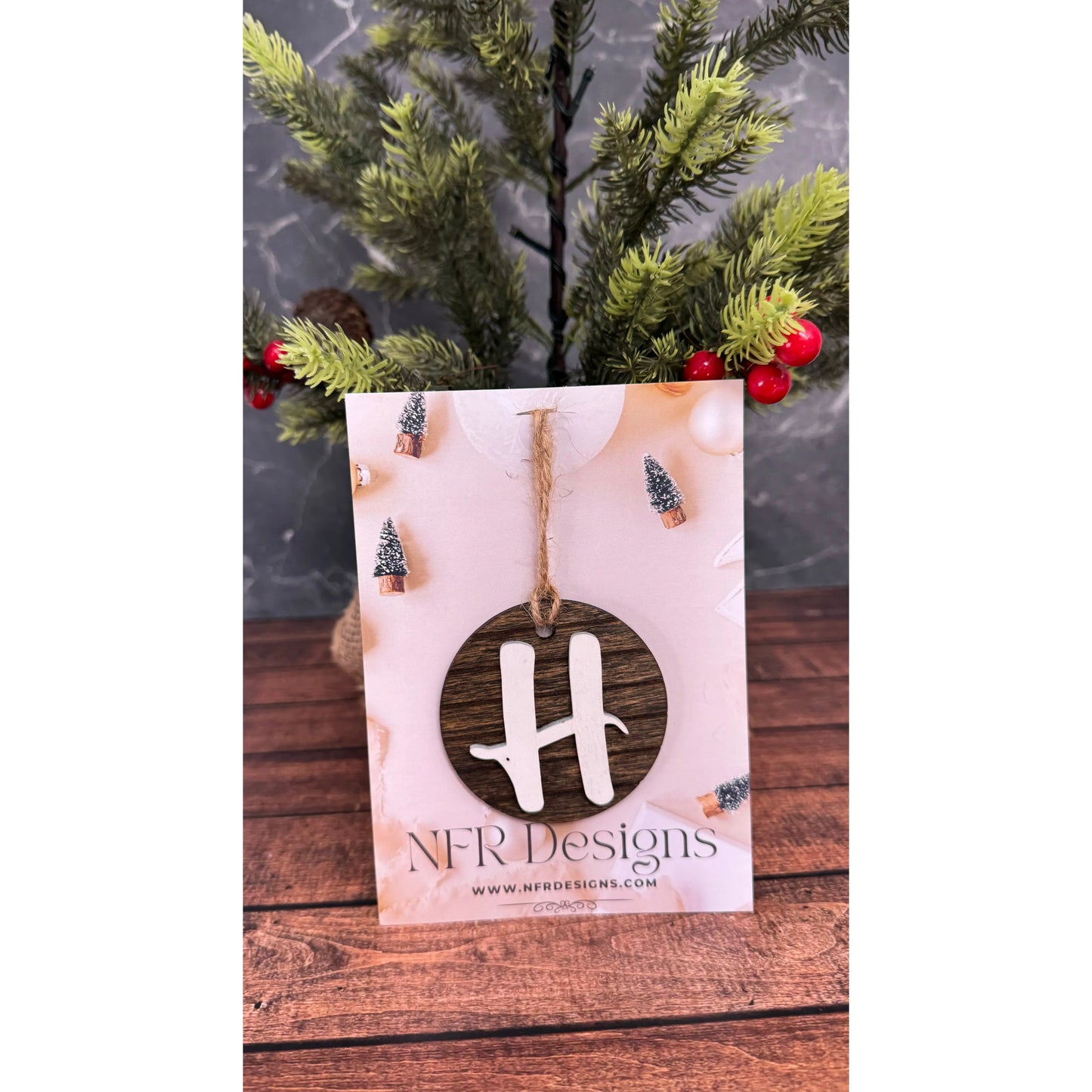 Shiplap Initial Christmas Ornament - Cursive Font Christmas Ornament H - Cursive White letter/Dark backing 