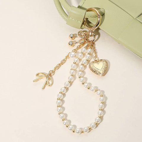 Heart Locket Bow Cherry Pearl Wristlet Keychain Bag Charm
