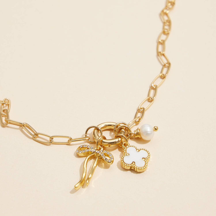 Elegant Gold Dipped Bow Necklace Featuring Clover & Pearl, Charming Addition to Bracelet or Necklace, Gift Idea Necklace