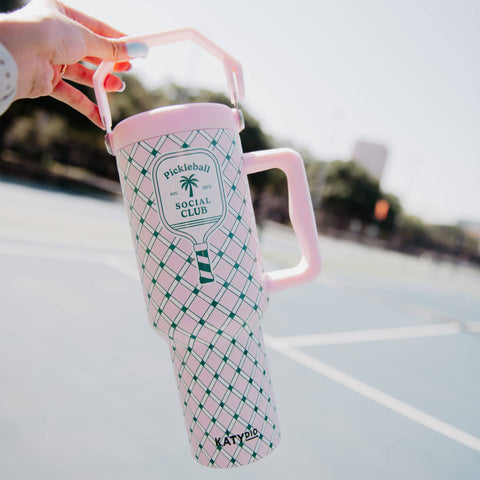 Pickleball Tumbler 38oz, Stylish Pink Green Plaid Insulated Drinkware for On-the-Go, Sporty Gift Idea Tumbler