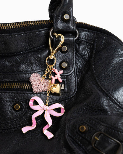 Sweet Bow with Beaded Heart Bag Charm: Pink