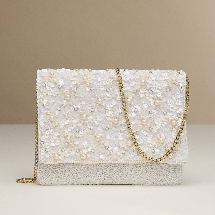White Pearl & Sequin Clutch Purse, Chic Beaded Evening Bag with Gold Chain for Weddings, Special Events, Ladies Gift Idea Bride Bags