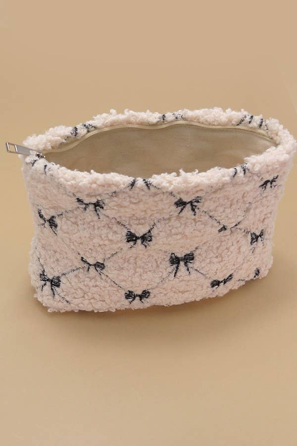 Bow Lamb Wool Cosmetic Pouch Bag, Soft & Stylish Makeup Organizer, Perfect Travel Gift for Her Cosmetic Bag