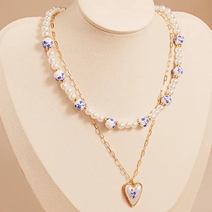 Pearl Ceramic Bead Flower Heart 2 Layered Necklace