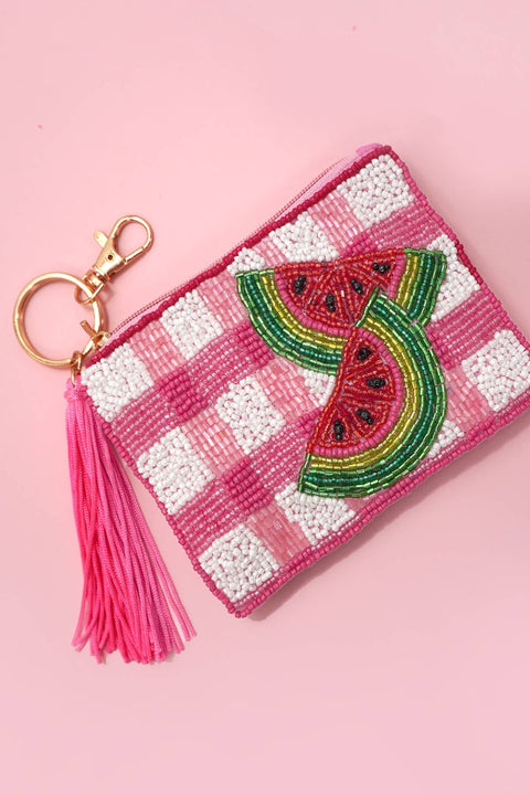 Croquette Seed Bead Coin Purses, Bow, Checker & Western Print, Perfect Small Wallet for Her, Preppy and Trendy coin purse Watermelon Checker