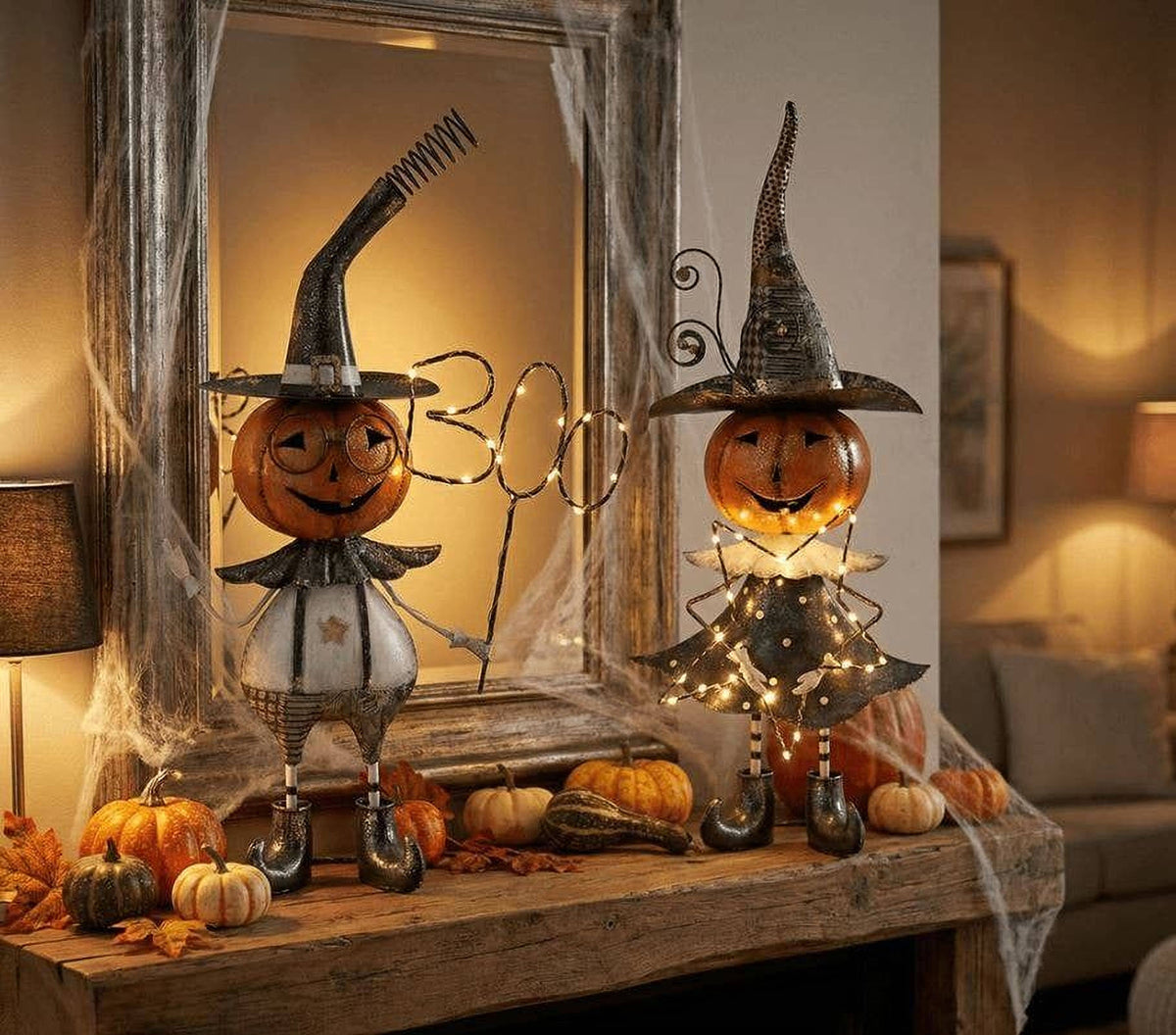 Metal Halloween Pumpkin Boy & Girl Battery Power LED Statue