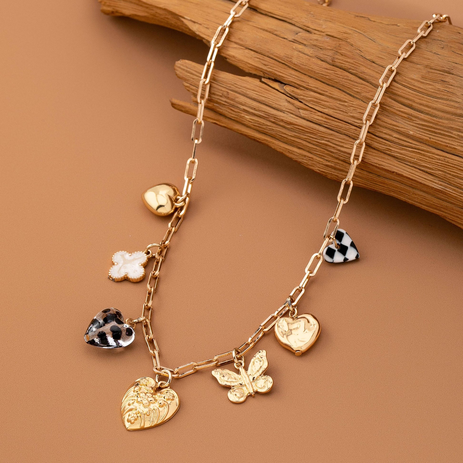 Hearts Checker Rhinestone Charm Necklace