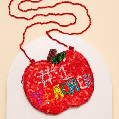 Sequin Beaded Apple Crossbody Bag - “#1 Teacher” Seed Bead Bag