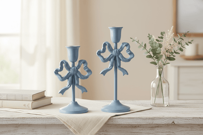 10" Blue Bow Candlesticks - Nifty Decor & More