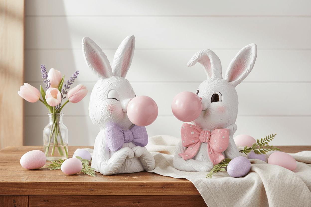 10" Bowtie Bunnies Blowing a Bubble Set - Nifty Decor & More