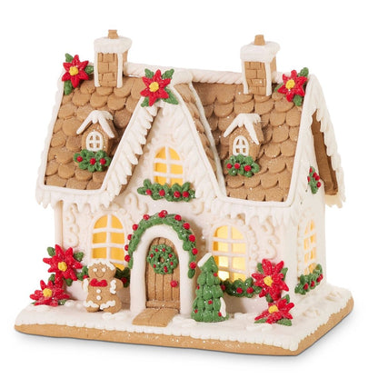10" Lighted Poinsettia Gingerbread House - Nifty Decor & More