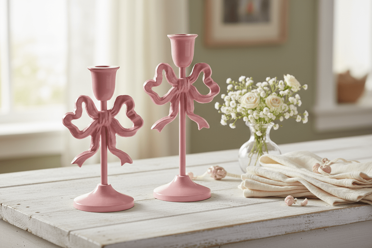 10" Pink Bow Candlesticks - Nifty Decor & More