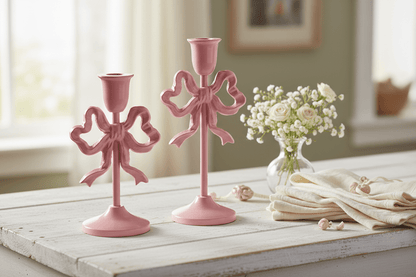 10" Pink Bow Candlesticks - Nifty Decor & More