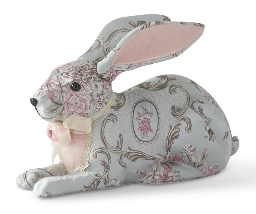 10" Reclining Blue Floral Easter Bunny - Whimsical Spring Figurine - Nifty Decor & More