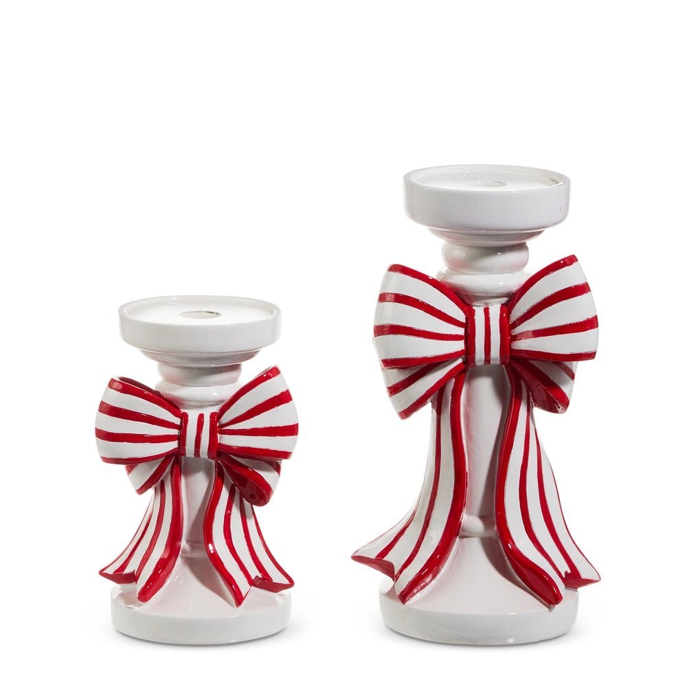 10" Red and White Stripe Bow Candle Holders - Nifty Decor & More