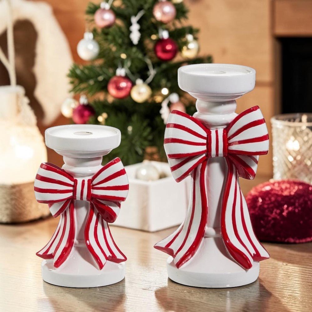 10" Red and White Stripe Bow Candle Holders - Nifty Decor & More