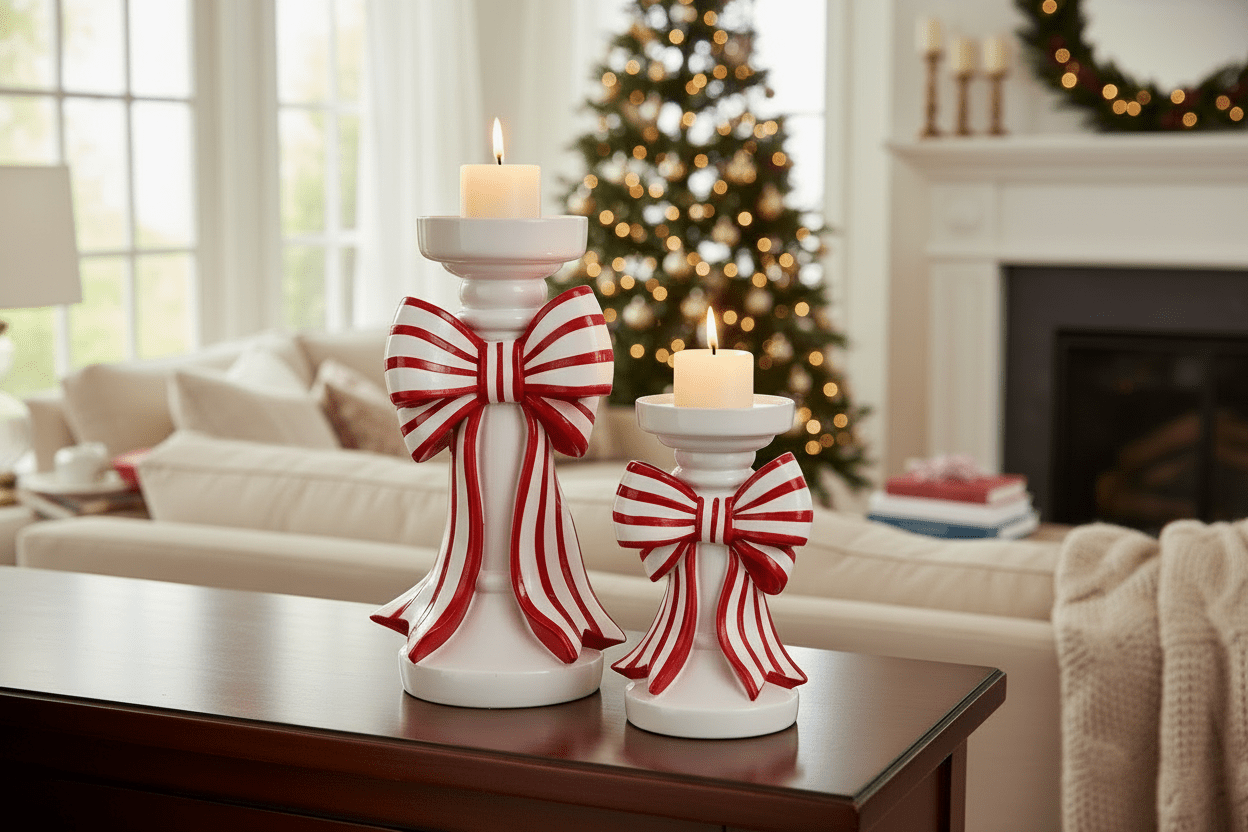 10" Red and White Stripe Bow Candle Holders - Nifty Decor & More