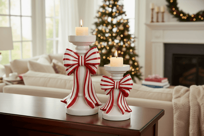 10" Red and White Stripe Bow Candle Holders - Nifty Decor & More