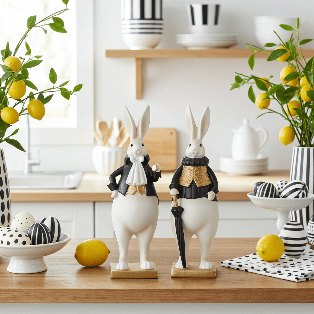 10" Royal Resin Easter Bunny - Black, White & Gold Dapper Figurine (Sold Individually) - Nifty Decor & More