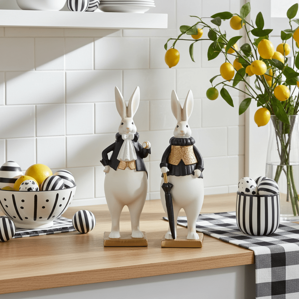 10" Royal Resin Easter Bunny - Black, White & Gold Dapper Figurine (Sold Individually) - Nifty Decor & More