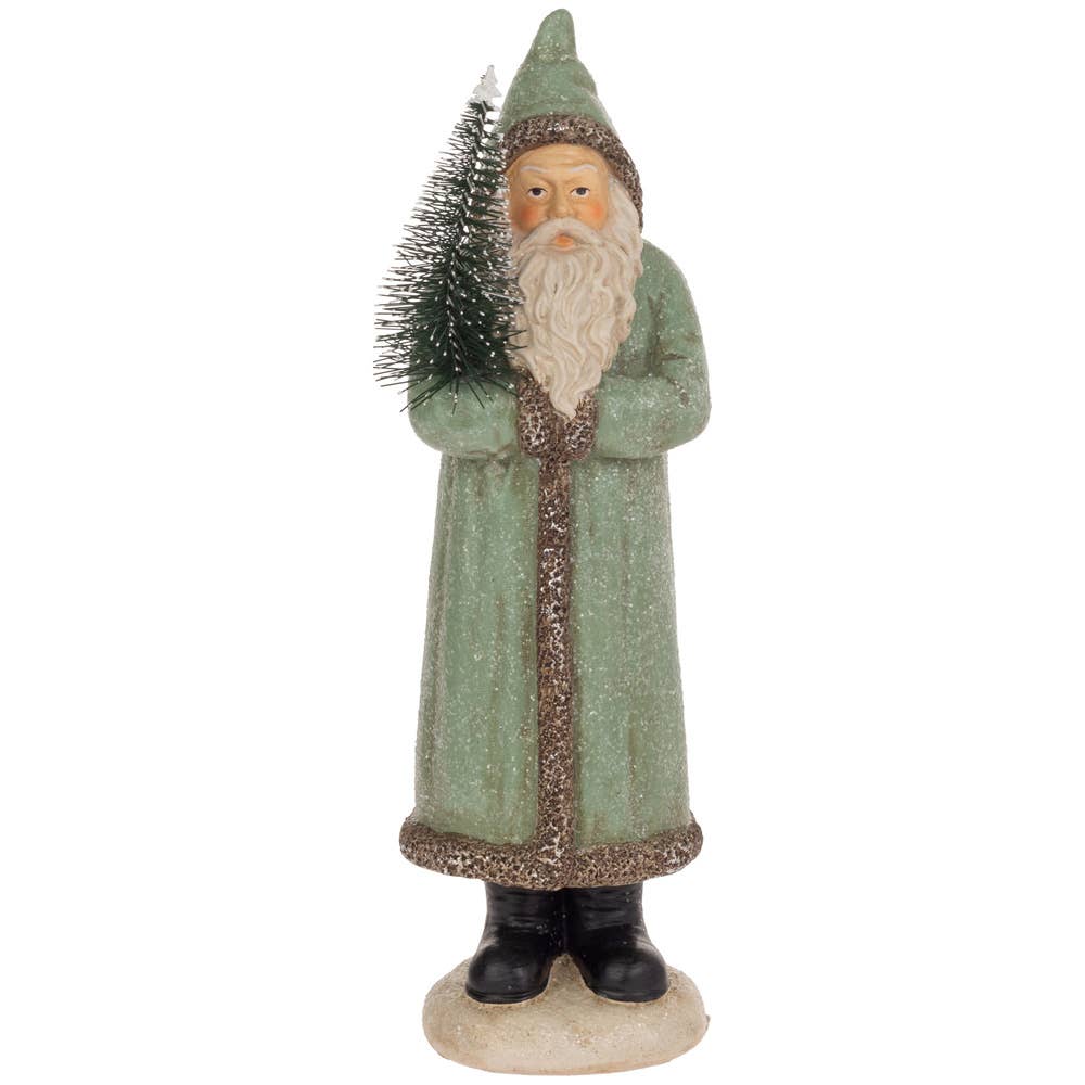 10.25" Tall Sage Green Hooded Saint Nick Christmas Décor Santa figurine