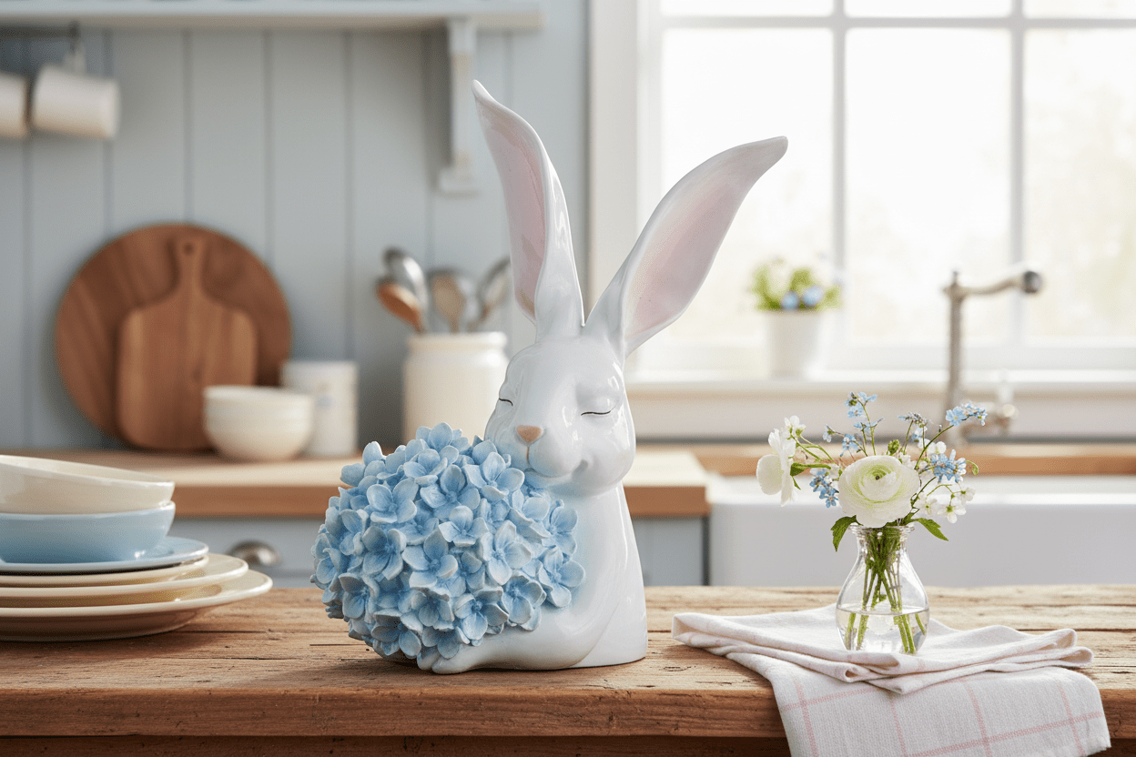 10.5" Bunny with Blue Hydrangea - Nifty Decor & More