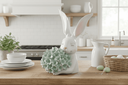 10.5" Bunny With Green Hydrangea - Nifty Decor & More