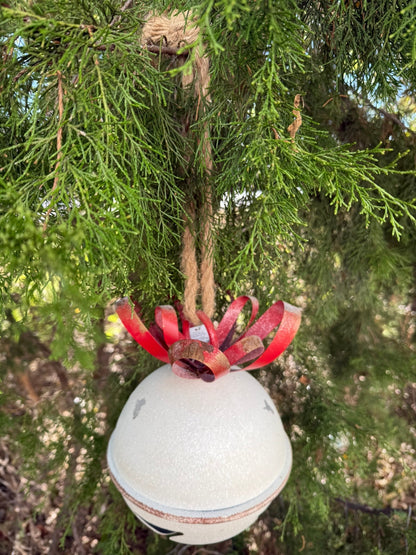 10.5" Large White Glittered Metal Jingle Bell Ornament - Rustic Farmhouse Christmas Decor - Nifty Decor & More