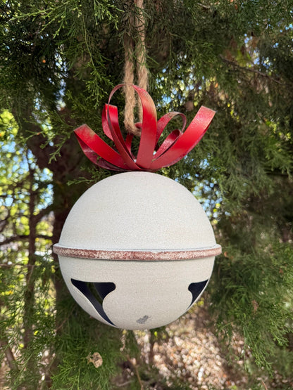 10.5" Large White Glittered Metal Jingle Bell Ornament - Rustic Farmhouse Christmas Decor - Nifty Decor & More