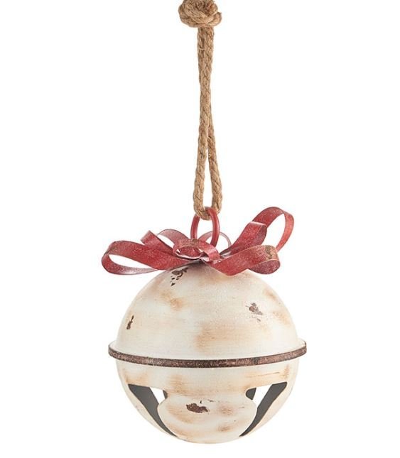 10.5" Large White Glittered Metal Jingle Bell Ornament - Rustic Farmhouse Christmas Decor - Nifty Decor & More