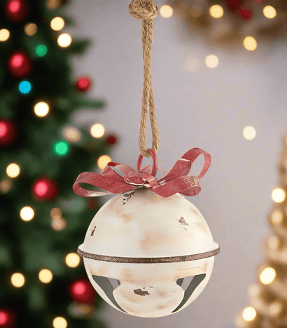 10.5" Large White Glittered Metal Jingle Bell Ornament - Rustic Farmhouse Christmas Decor - Nifty Decor & More