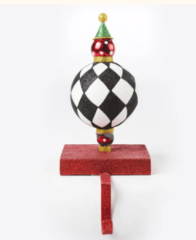 11" Nutcracker Finial Ball Stocking Holder - Luxury Red & Black Harlequin Christmas Mantel Decor - Nifty Decor & More