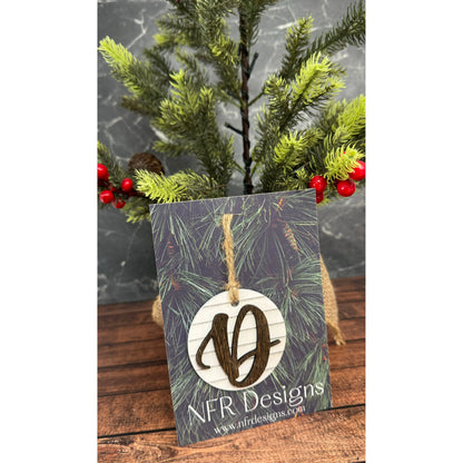 Farmhouse Initial Christmas Ornament, Personalized Wooden Monogram Ornament, Rustic Shiplap Tree Ornament, Custom Stocking Tag, Housewarming Gift Christmas Ornament D - Cursive Dark letter/White backing