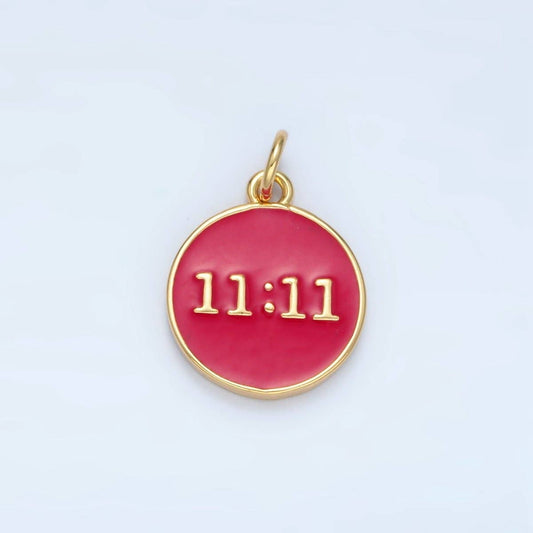 "11:11" Angel Number Clock Red Enamel Round Charm 14K Gold Filled Charm