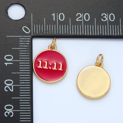"11:11" Angel Number Clock Red Enamel Round Charm 14K Gold Filled Charm