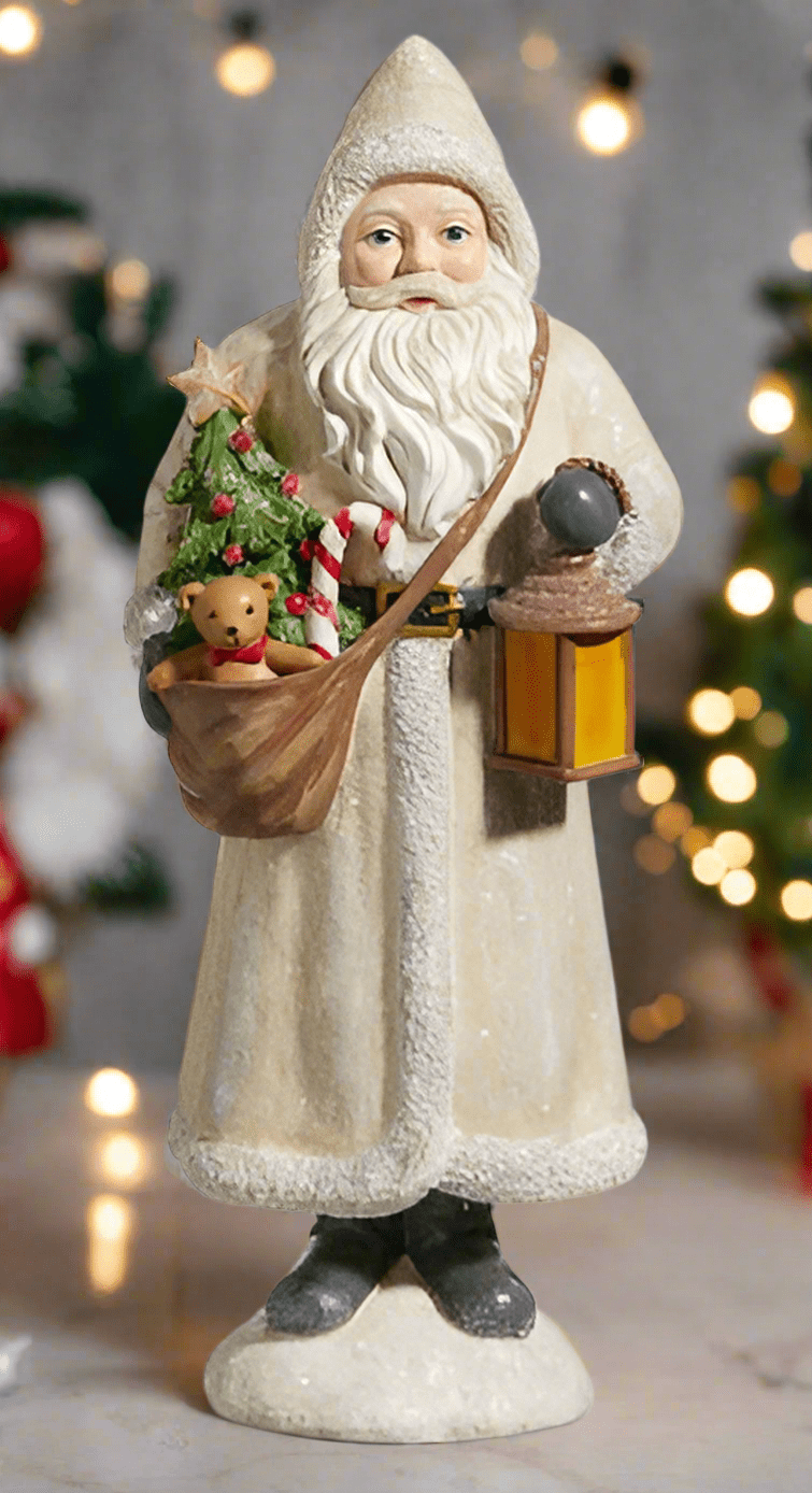 11.5" Ivory Santa Figurine with Lantern - Elegant Resin Christmas Shelf Sitter - Nifty Decor & More