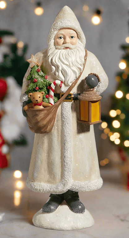 11.5" Ivory Santa Figurine with Lantern - Elegant Resin Christmas Shelf Sitter - Nifty Decor & More