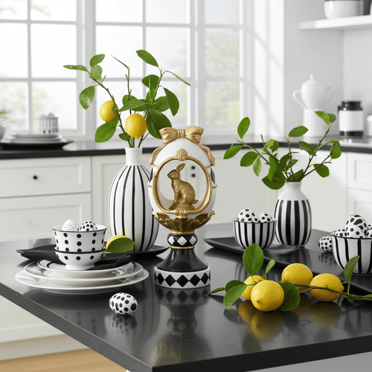 11.75 Inch White Gold & Black Easter Egg Cutout w/Bunny Easter Finial - Nifty Decor & More