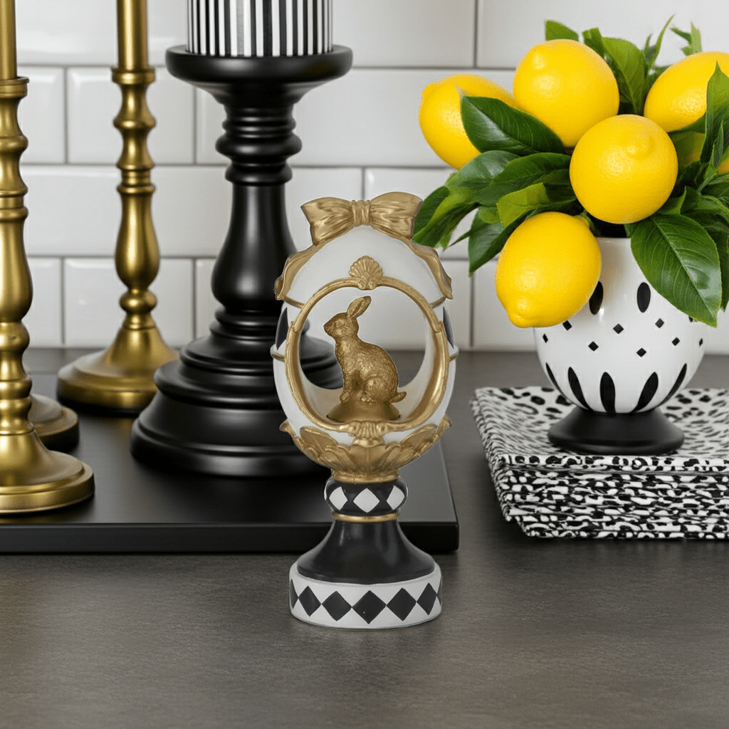 11.75 Inch White Gold & Black Easter Egg Cutout w/Bunny Easter Finial - Nifty Decor & More
