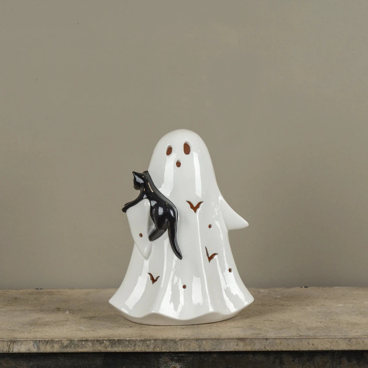12" Ceramic LED Ghost W/Black Cat - Nifty Decor & More