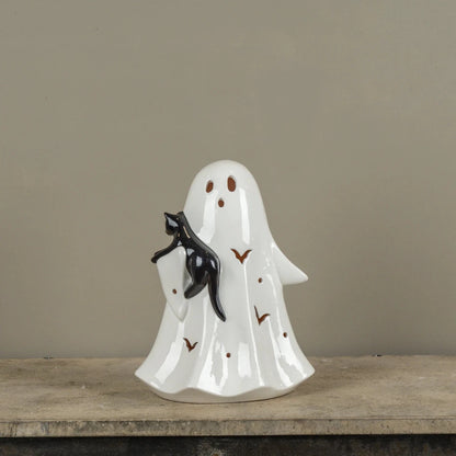 12" Ceramic LED Ghost W/Black Cat - Nifty Decor & More